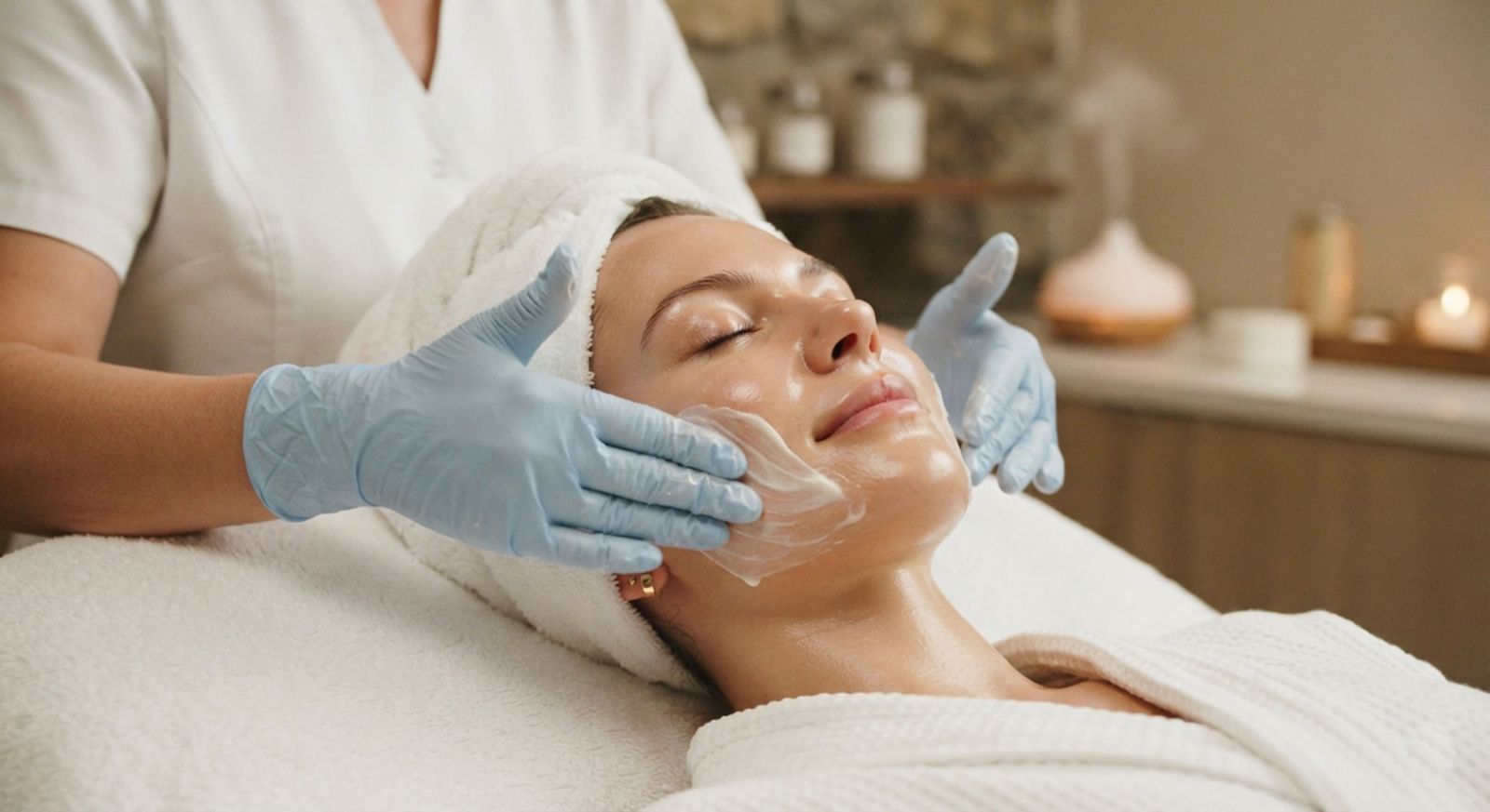 Esthetician giving a woman a facial treatment in a spa