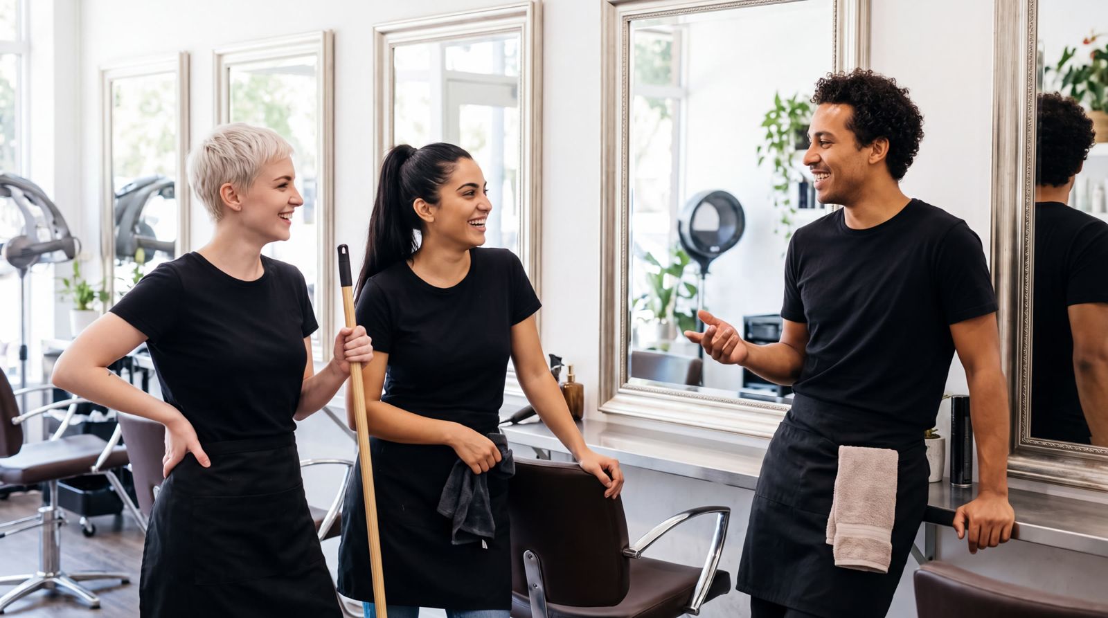 Hair salon team members talking in a modern salon